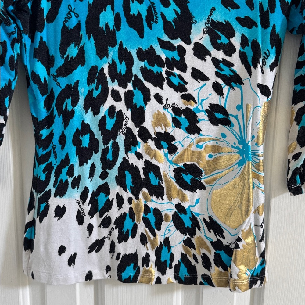 Caché Vintage Rare Multicolor Animal Print Top w/ Gold Metallic Embellishments - Picture 3 of 11